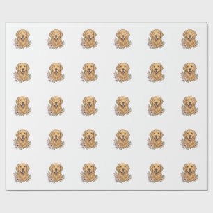Papier Cadeau Modèle de gravure vintage floral Golden Retriever_