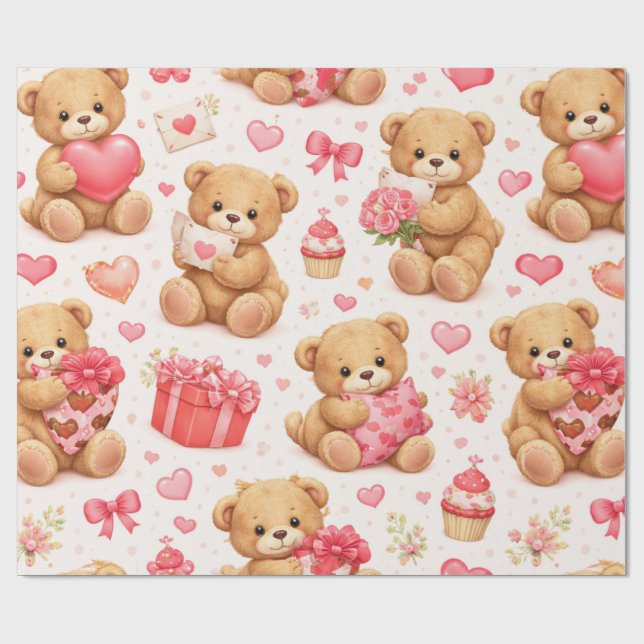 Papier Cadeau Modèle de la Saint-Valentin Ourson à l'aquarelle (Plat)