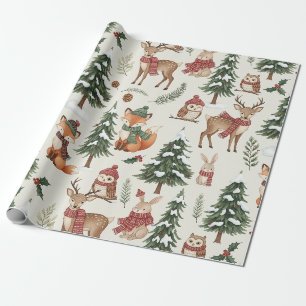 Papier Cadeau Modèle de Noël blanc Renard Cerf Lapin Forêt