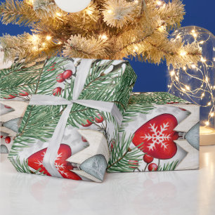 Papier Cadeau Modèle de Noël Cône de Pin Baies de Houx