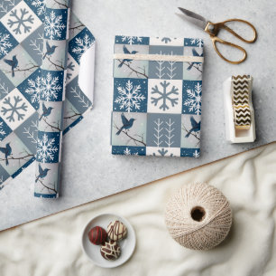 Papier Cadeau Modèle de Noël et d'hiver Oiseaux bleus et flocons