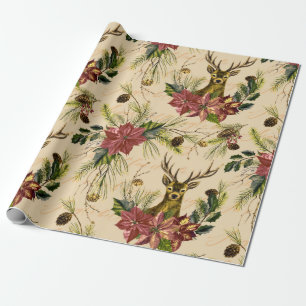 Papier Cadeau Modèle de poinsettia de renne en or de Noël