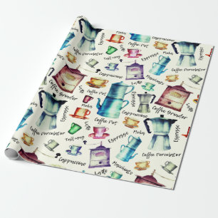 Papier Cadeau Modèle de tasses de café Aquarelle rétro