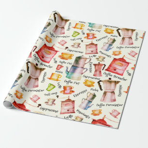 Papier Cadeau Modèle de tasses de café Aquarelle rétro