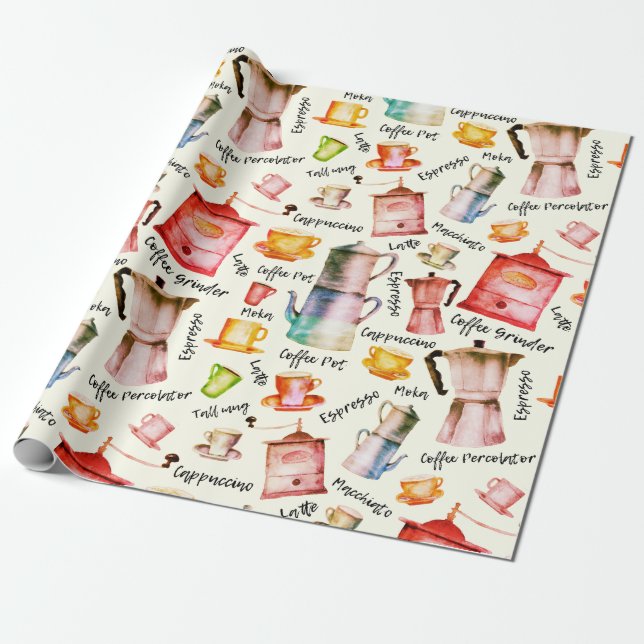 Papier Cadeau Modèle de tasses de café Aquarelle rétro (Déroulé)