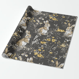 Papier Cadeau Modèle de toile florale de lapin Cottagecore noir
