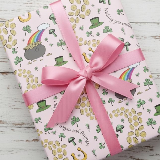 Papier Cadeau Modèle de trèfle chanceux irlandais et pot d'or (Pink & Green Irish St Patrick's Day Girl Gift Wrap. Leprechaun, Pot of Gold, Lucky Shamrock, Rainbow)