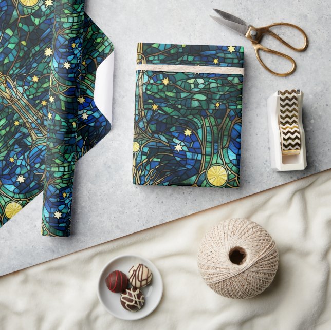 Papier Cadeau Modèle de vitrail en arbre céleste vert émeraude (Artisanat)