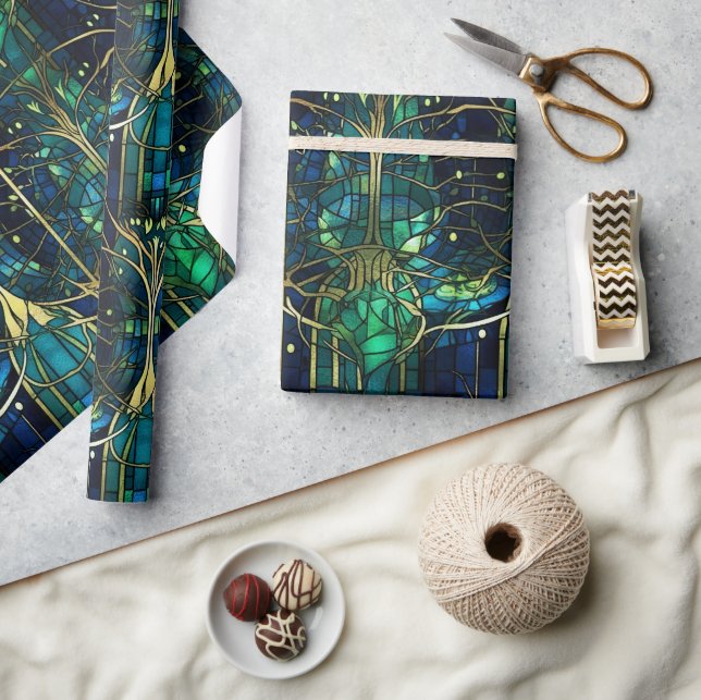 Papier Cadeau Modèle de vitrail en arbre céleste vert émeraude (Artisanat)