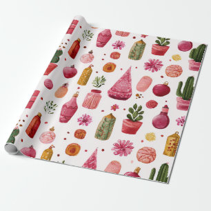 Papier Cadeau Modèle d'ornements de Noël de cactus rose