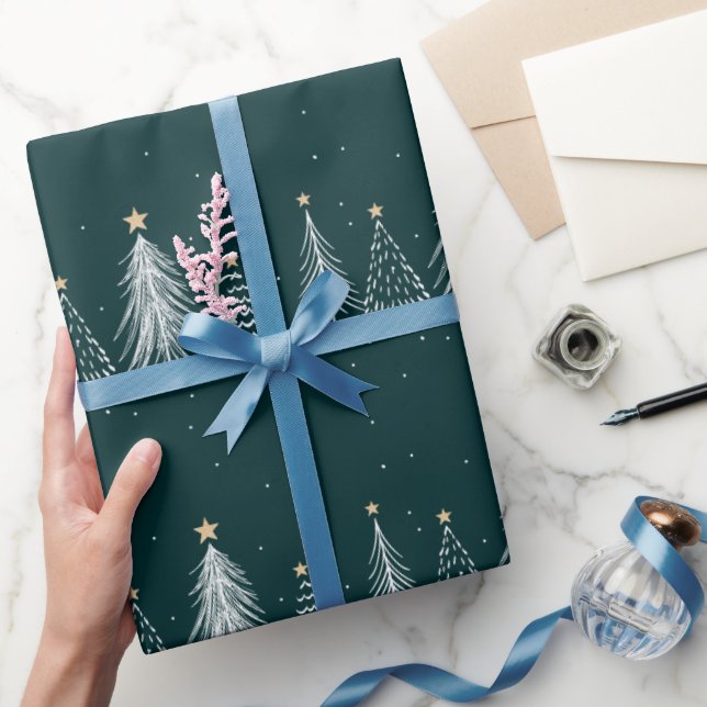 Papier Cadeau Modèle élégant d'arbres de Noël vert foncé blanc (Cadeaux)