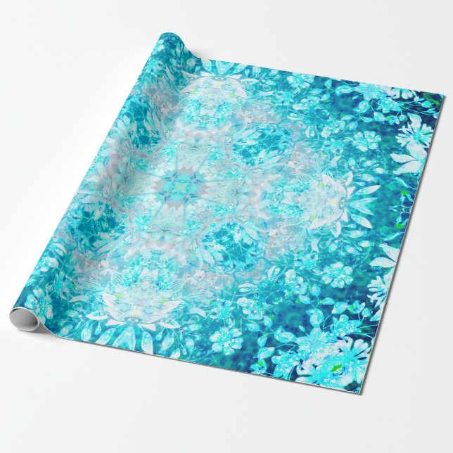 Papier Cadeau Modèle floral bleu cristal Turquoise (Déroulé)