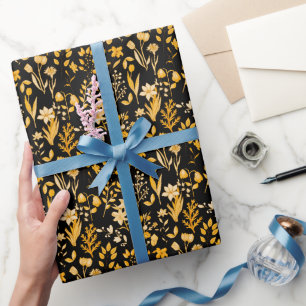 Papier Cadeau Modèle Floral d'or pour l'automne. BG noir