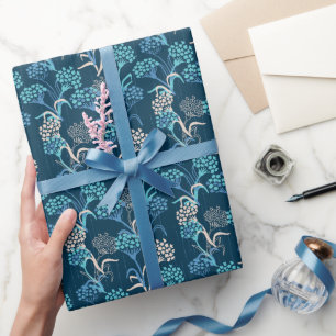 Papier Cadeau Modèle Floral Hydrangea stylisé - Bleu élégant