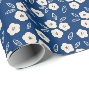Papier Cadeau Modèle floral japonais bleu foncé et champagne