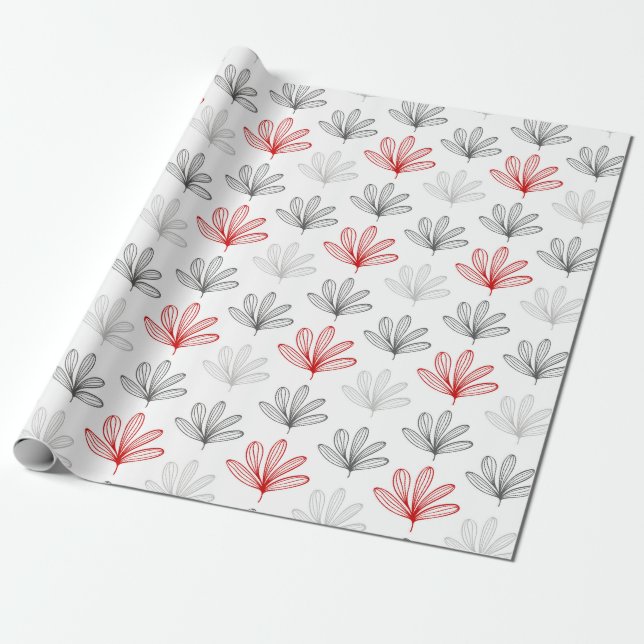 Papier Cadeau Modèle floral moderne rouge et gris (Déroulé)