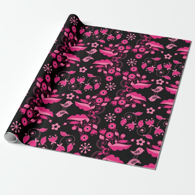 Papier Cadeau Modèle floral rose moderne scandinave (Déroulé)
