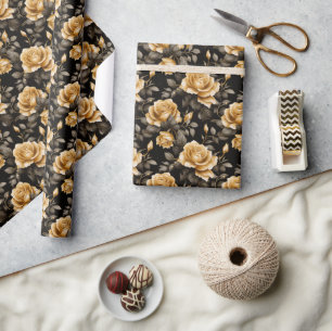 Papier Cadeau Modèle Floral Rose or noir et or de luxe