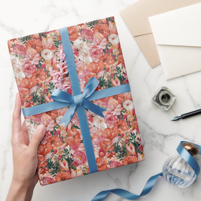 Papier Cadeau Modèle Floral rose orange (Cadeaux)