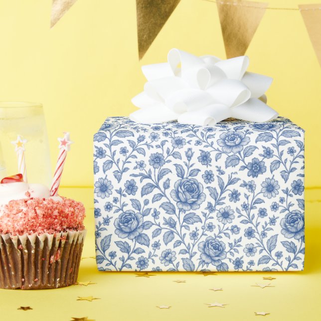 Papier Cadeau Modèle Floral Royal Bleu Rose (Fête d'anniversaire)