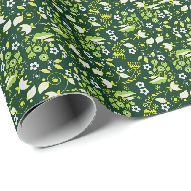 Papier Cadeau Modèle floral scandinave moderne vert foncé (Coin rond)