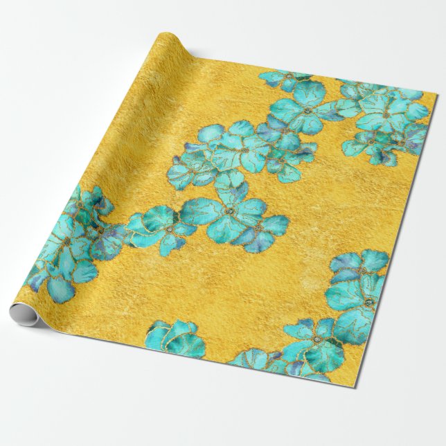Papier Cadeau Modèle floral Turquoise texturé et doré (Déroulé)