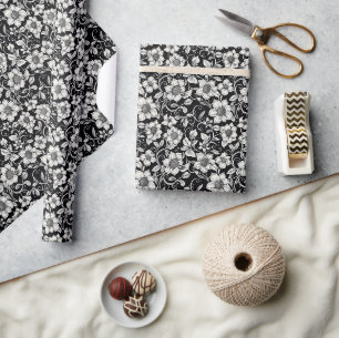 Papier Cadeau Modèle floral vintage - Ivoire sur Botanique Noire