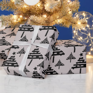 Papier Cadeau Modèle simple de sapin de Noël beige noir fêtes