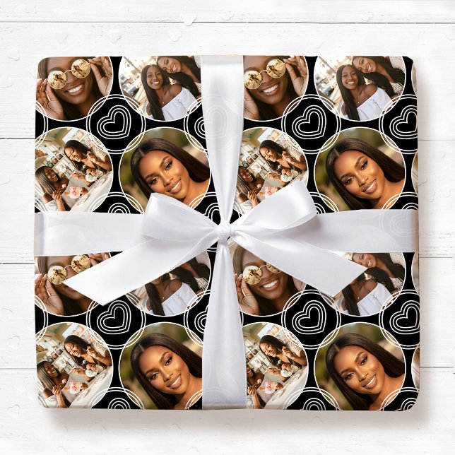 Papier Cadeau Modern 4 Photo Collage Circle Heart Pattern Black (Créateur téléchargé)