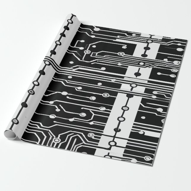 Papier Cadeau Modern Black and White Circuit Board Texture Patte (Déroulé)