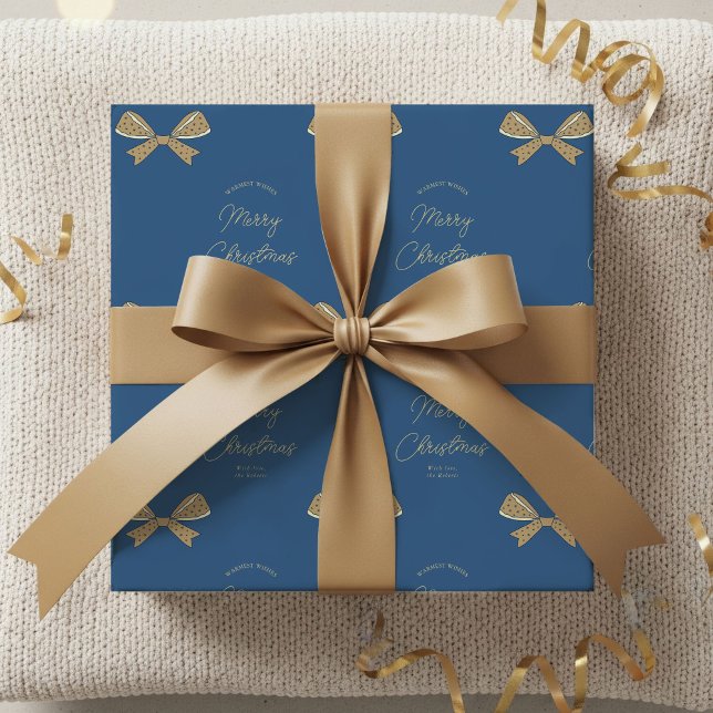 Papier Cadeau Modern Bows Nom de famille Christmas Blue & Creati (Elegant bows and ribbons blue and cream Christmas gift wrapping paper with your custom name)