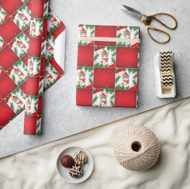 Papier Cadeau Modern Cute chat Père Noël Xmas Holly vérificateur (Artisanat)