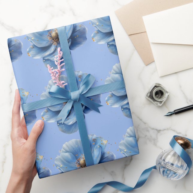 Papier Cadeau Modern Minimalist Gold and Blue Poppy  (Cadeaux)