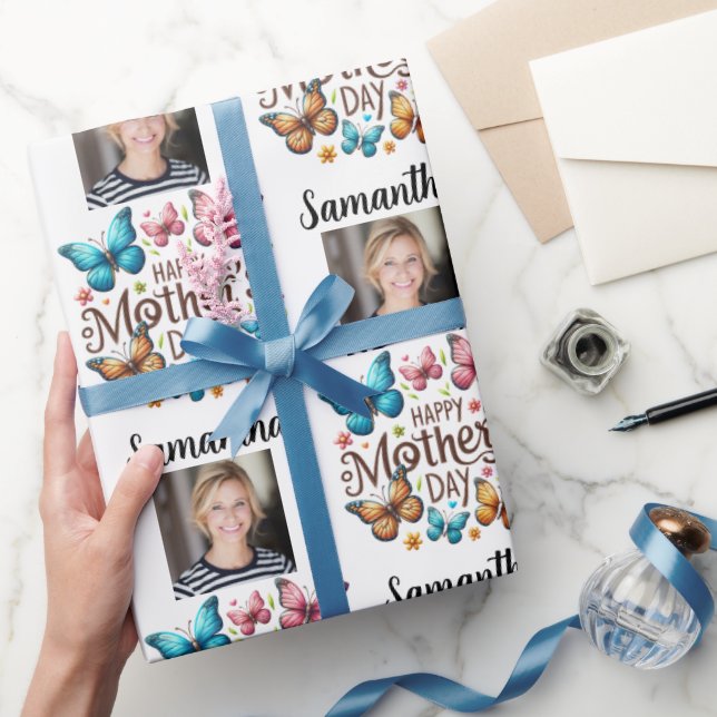 Papier Cadeau Modern Photo Name Happy Mothers Day  (Cadeaux)