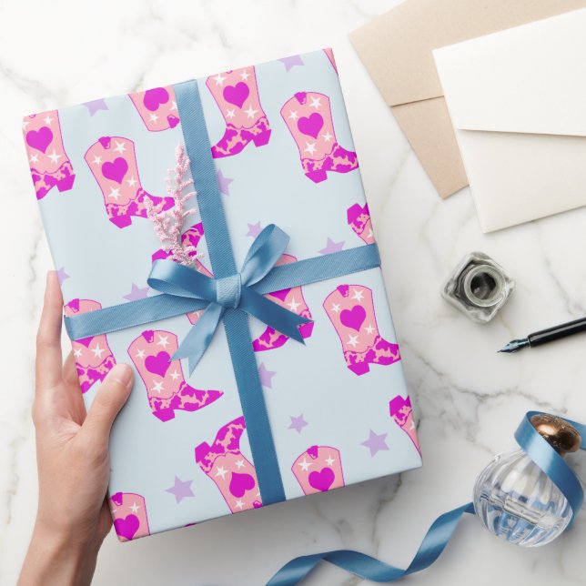 Papier Cadeau Moderne Bleu Rose Cowgirl Western Boots Étoiles (Cadeaux)