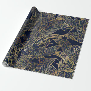 Papier Cadeau Moderne Blue Gold Foliage Plante Design botanique