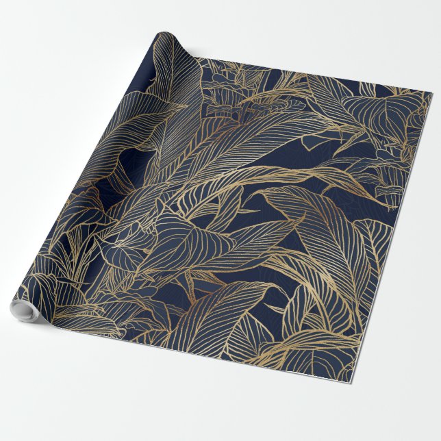 Papier Cadeau Moderne Blue Gold Foliage Plante Design botanique (Déroulé)