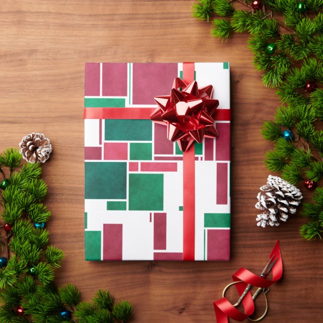 Papier Cadeau Moderne Bold Rouge et Vert Noël Mondrian (Cadeau de vacances)