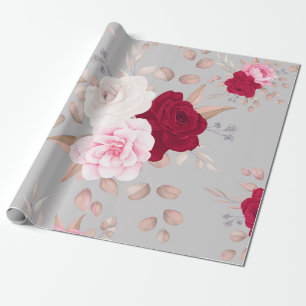 Papier Cadeau moderne chic rouge, floral rose
