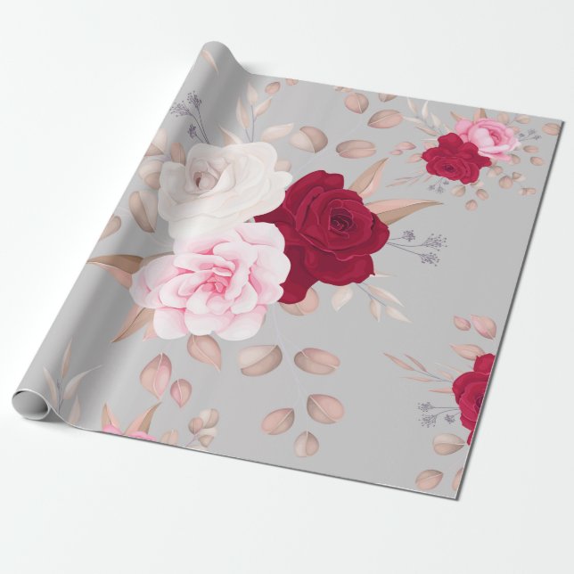 Papier Cadeau moderne chic   rouge, floral rose (Déroulé)