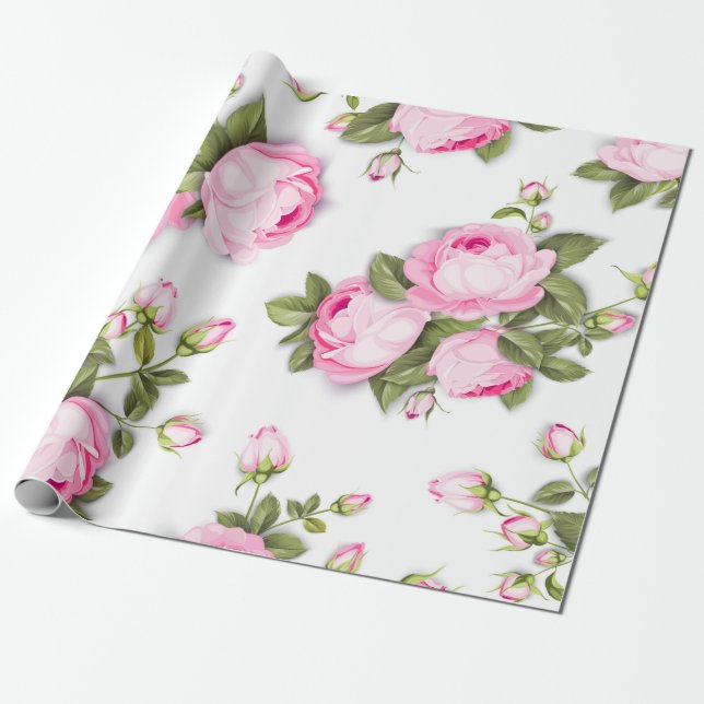 Papier Cadeau moderne chic rouge, rose floral (Déroulé)