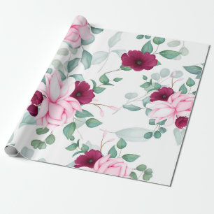 Papier Cadeau moderne chic rouge, rose floral