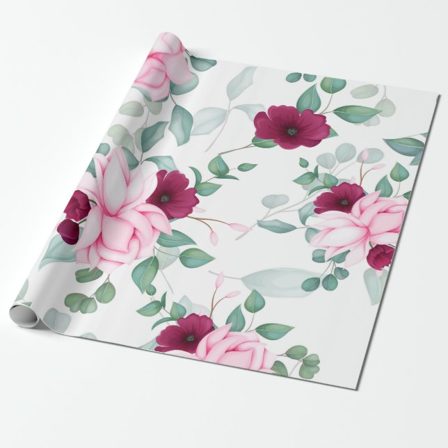 Papier Cadeau moderne chic rouge, rose floral (Déroulé)