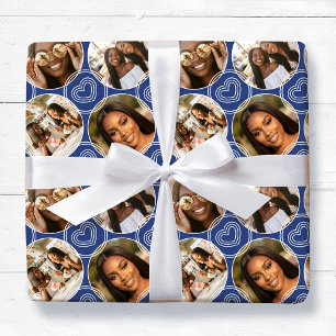 Papier Cadeau Moderne Collage de 4 Photos Cercle Motif Cœur Bleu