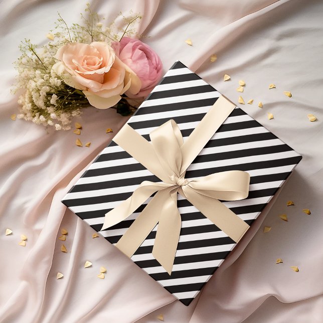 Papier Cadeau Moderne Elegant Black White Stripes Or Texte Cadea (White Gray Stripes Gold Text Christmas Birthday Wrapping Paper)