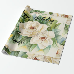 Papier Cadeau Moderne Elégant Floral Anniversaire Noir Nom Scri