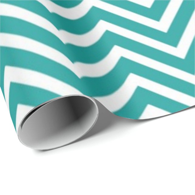 Papier Cadeau Moderne, élégant, tendance chevron blanc sarcelle (Coin rond)