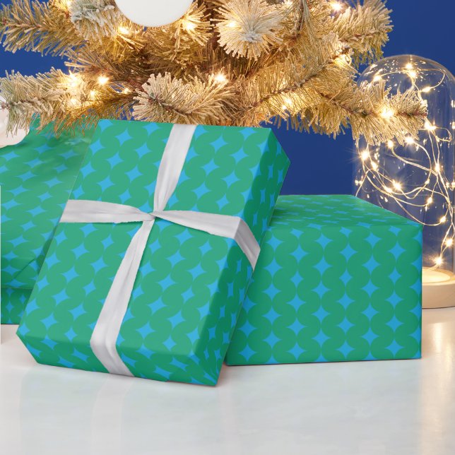 Papier Cadeau Moderne Géométrique Étoiles Vert Bleu Milieu de Si (Vacances)