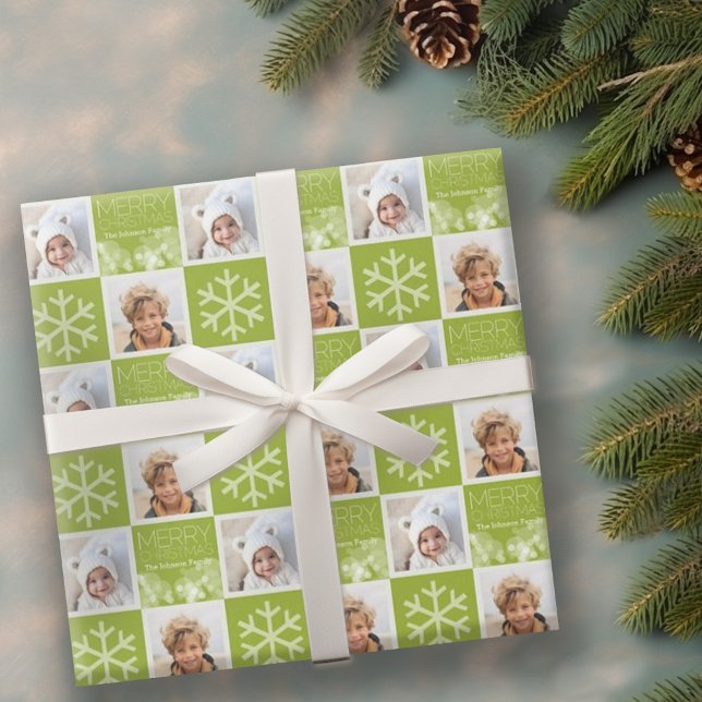 Papier Cadeau Moderne Joyeux Noël Livre vert Personnalisé (Personalized wrapping paper with 2 photos)