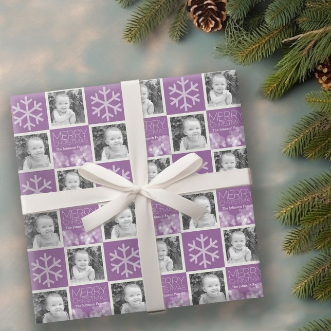 Papier Cadeau Moderne Joyeux Noël Orchidée Bokeh Personnalisé (Personalized Wrapping paper - 2 Photos)